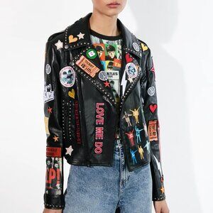 NWT Alice and Olivia, A+O X The Beatles Cody Vegan Leather Jacket In Black Multi